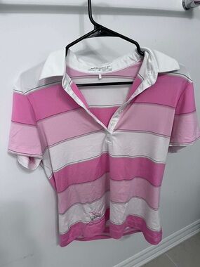 Nike Pink and White Striped Polo Shirt